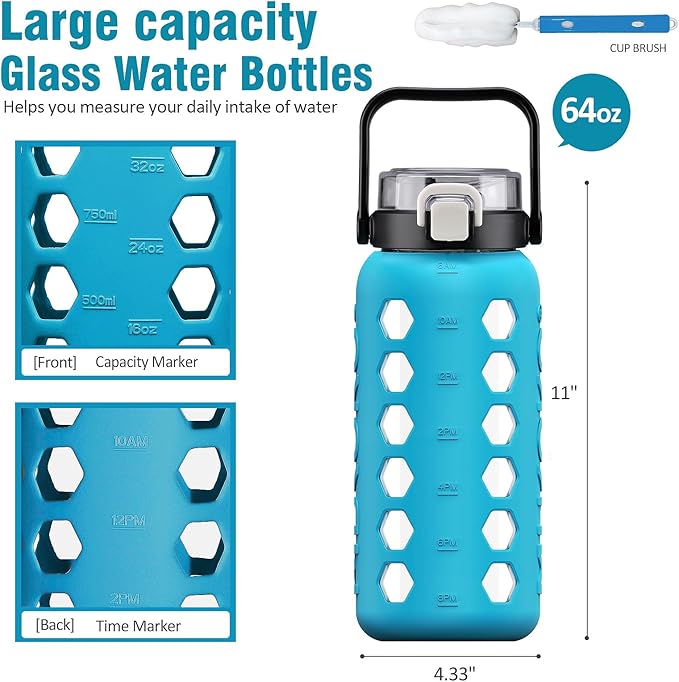 MUKOKO Half Gallon/64 oz Glass Water Bottles with Straw and Lid,Motivational Water Jug with Time Marker Reminder and Silicone Sleeve,100% Leakproof BPA Free Fitness Sports Large Bottle-Teal