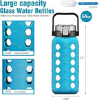 MUKOKO Half Gallon/64 oz Glass Water Bottles with Straw and Lid,Motivational Water Jug with Time Marker Reminder and Silicone Sleeve,100% Leakproof BPA Free Fitness Sports Large Bottle-Teal