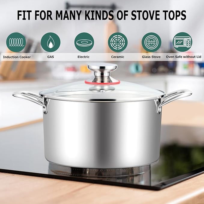 TeamFar 8 Quart Stock Pot, Stainless Steel Tri-ply Stockpot Pasta Cooking Pot with Glass Lid, for Induction Electric Gas Ceramic Stoves, Toxic Free & Heavy Duty, Double Handles & Dishwasher Safe