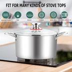 TeamFar 8 Quart Stock Pot, Stainless Steel Tri-ply Stockpot Pasta Cooking Pot with Glass Lid, for Induction Electric Gas Ceramic Stoves, Toxic Free & Heavy Duty, Double Handles & Dishwasher Safe