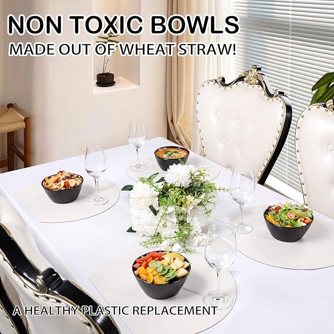 supernal 12PCS Black Wheat Straw Bowls - Unbreakable Reusable Plastic Soup & Cereal Straws Bowls,Fridge and Dishwasher Safe Stackable,Lightweight Black Disposable Bowl for Ramen,Salads and Catering