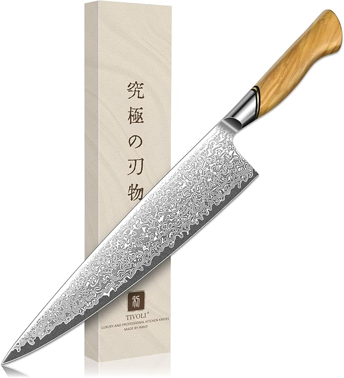 TIVOLI Japanese Gyuto Knife 10 Inch– VG-10 Damascus Chef Knife with Razor Sharp Blade and Ergonomic Olive Wood Handle, Ideal for Meat, Vegetables & Daily Cooking