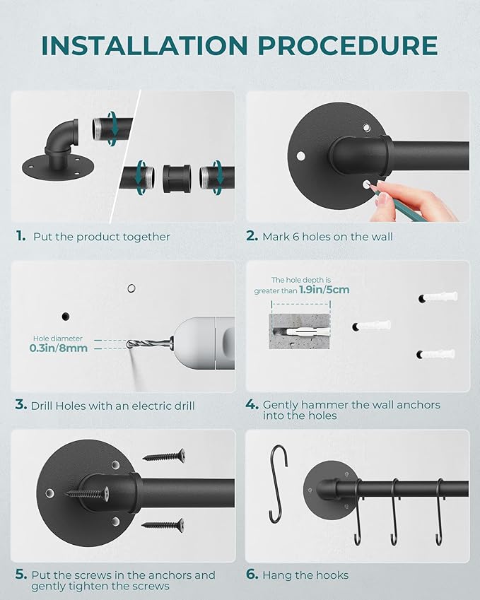 OROPY 38 inch Pot Bar Rack Wall Mounted Detachable Pans Hanging Rail Kitchen Lids Utensils Hanger with 14 S Hooks Black