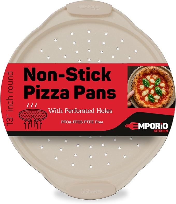 Non-Stick Pizza Pan with Silicone Handle 1 Pack, 13 Inch Round Carbon Steel Tray with Perforated Holes, Dishwasher & Oven Safe Up To 450°F, PFOAPFOSPTFE Free, Durable Nonstick White Marble Coating