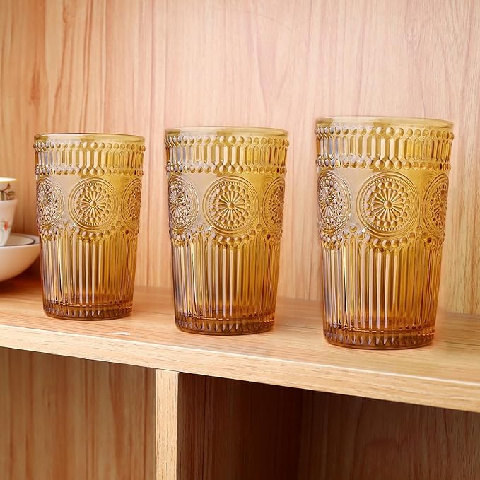 6pcs Vintage Drinking Glasses Set, 12 oz Amber Highball Glasses, Embossed Ribbed Glassware Cups for Thanksgiving Cocktail, Juice, Whiskey