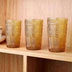 6pcs Vintage Drinking Glasses Set, 12 oz Amber Highball Glasses, Embossed Ribbed Glassware Cups for Thanksgiving Cocktail, Juice, Whiskey
