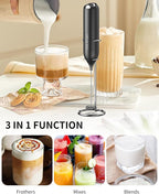 CIRCLE JOY Milk Frother Hanheld with Stand, Electric Coffee Frother, Battery Operated Hand Frother Wand Drink Mixer Mini Foamer for Matcha Lattes Cappuccino, Kitchen Gifts, Black