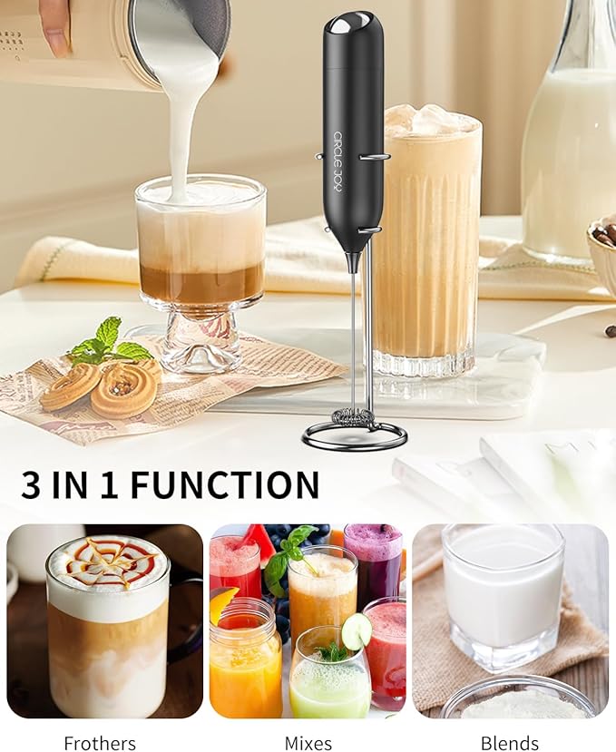 CIRCLE JOY Milk Frother Hanheld with Stand, Electric Coffee Frother, Battery Operated Hand Frother Wand Drink Mixer Mini Foamer for Matcha Lattes Cappuccino, Kitchen Gifts, Black