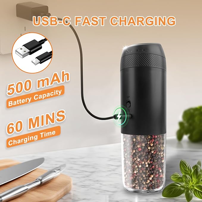 Gravity Electric Salt and Pepper Grinder Set Rechargeable, External Adjustable Coarseness, Automatic Salt and Pepper Shakers Mill with LED Light, 6oz/176ml Large Capacity, House Warming Gifts (2 Pack)