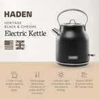 HADEN Heritage 1.7 Liter Stainless Steel Electric Kettle, Hot Water Kettle with 360-Degree Base and Auto Shutoff, Black & Chrome