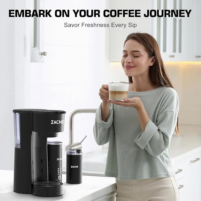 ZACME 4IN1 Single Serve Coffee Maker with Milk Frother & Grinder, Small Coffee Machine for K Cup & Ground, 28oz Water Tank, 6 to 14 oz Brew Sizes, Self-cleaning Function, Adjustable Drip Tray
