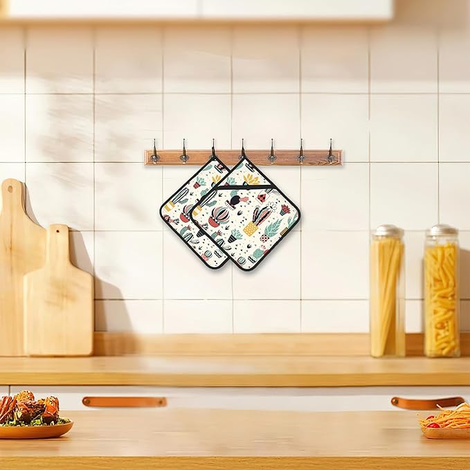 Cute Cactus Pot Holders Set of 2, Kitchen Heat Resistant Flowers and Geometric Elements Potholder for Microwave Cooking Baking Oven End Dishes and BBQ