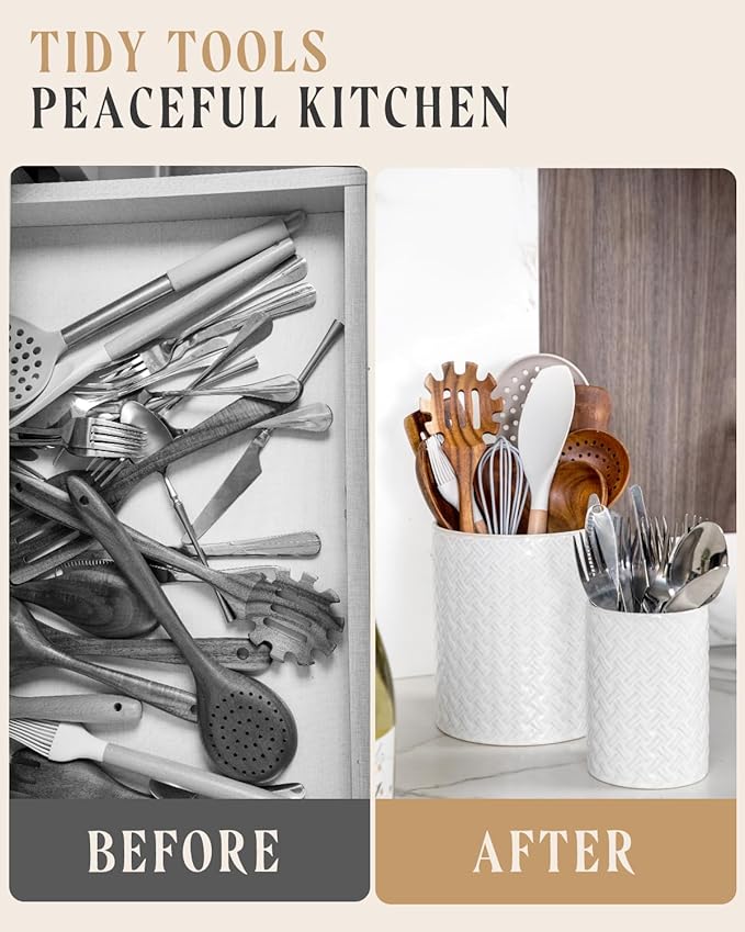 Utensil Holder - 7.2"+5.4" Ceramic Utensil Holder for Kitchen Counter, Large Utensil Crock Flatware Organizer Spatula Holder for Counter, Farmhouse Embossed Vase for Housewarming, Home & Kitchen Decor