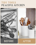 Utensil Holder - 7.2"+5.4" Ceramic Utensil Holder for Kitchen Counter, Large Utensil Crock Flatware Organizer Spatula Holder for Counter, Farmhouse Embossed Vase for Housewarming, Home & Kitchen Decor