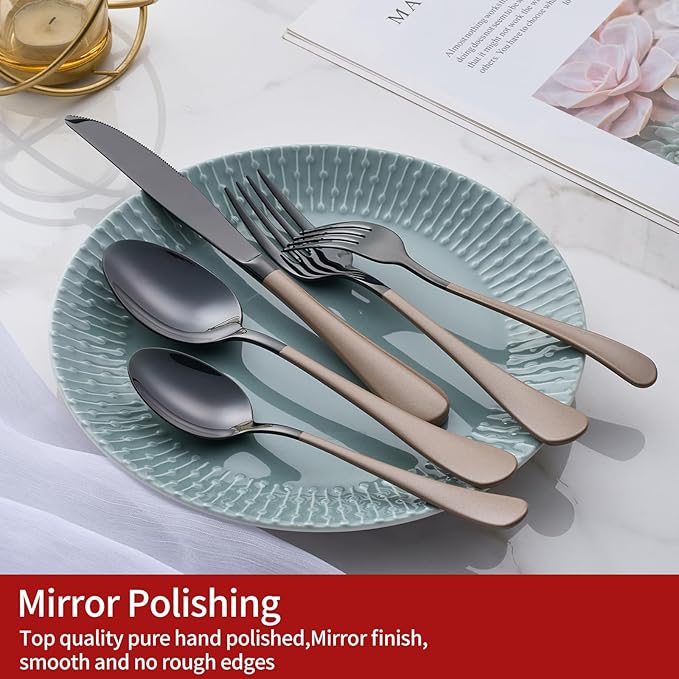 20-Piece Black Silverware Set 18/0 Stainless Steel Flatware Brown Handle Cutlery Set Service for 4 Dinner Knives Forks Spoons Set Mirror Finish Dishwasher Safe