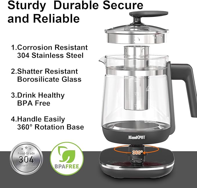 Glass Electric Kettle with Tea Infuser – 1.5L Stainless Steel, 1200W Rapid Boil, Temp & Programmable Control for Teas/Coffee – Black