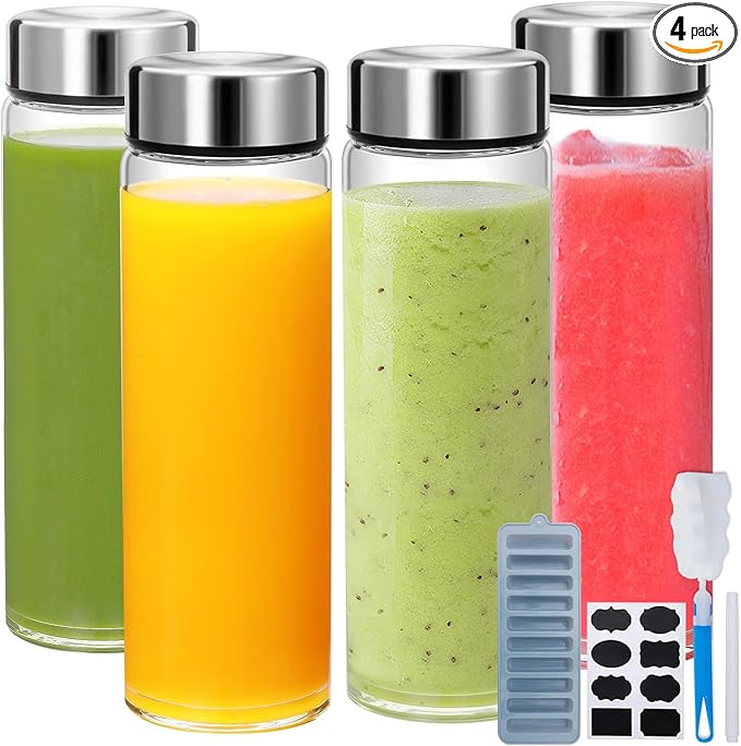 16oz Juice Bottles with Lids,4 Pack Wide Mouth Glass Bottles with Stainless Steel Cap,Reusable Glass Water Bottles for Juicing, Smoothies, Infused Water,Beverage Storage,BPA Free,Leakproof