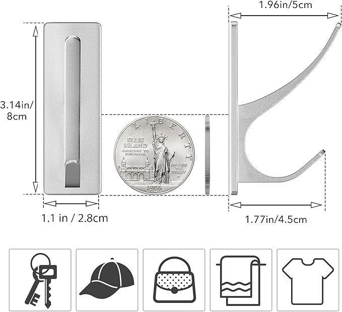 Self-Adhesive Coat Hooks for Hanging - Heavy Duty Stainless Double Wall Hook for Towel, Backpack, Hat, Sturdy Metal Hanger for Bathroom, Bedroom, Door, Wall Mounted, 4-Pack, Silver, New