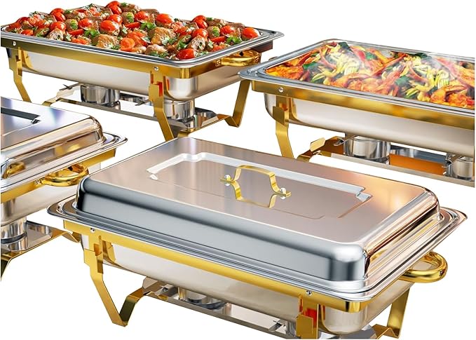 Chafing Dishes for Buffet 4 Pack, 9QT Gold and Silver Stainless Steel Chafing Dish Buffet Set Chafers and Buffet Warmers Sets for Any Party with Complete Set