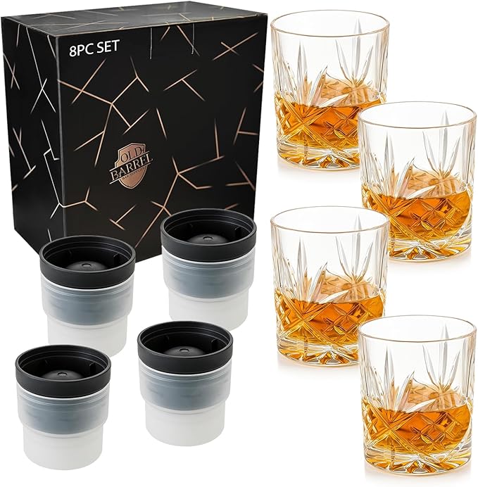 OLD BARREL Whiskey Glasses Set of 8 (4 Glasses with 4 Ice Ball Molds) 10oz Old Fashioned Crystal Glasses Gift Box – Bourbon, Scotch, Cocktail Rocks Glas – Gifts for Men, Dad, Birthday, Christmas Gift