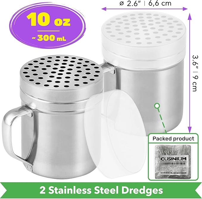 CUSINIUM 10oz Metal Parmesan Cheese Shakers with Large Holes - With Handle - Chili Flakes Dispensers - Pizza Shakers - Pack of 2 | Style: Coarse