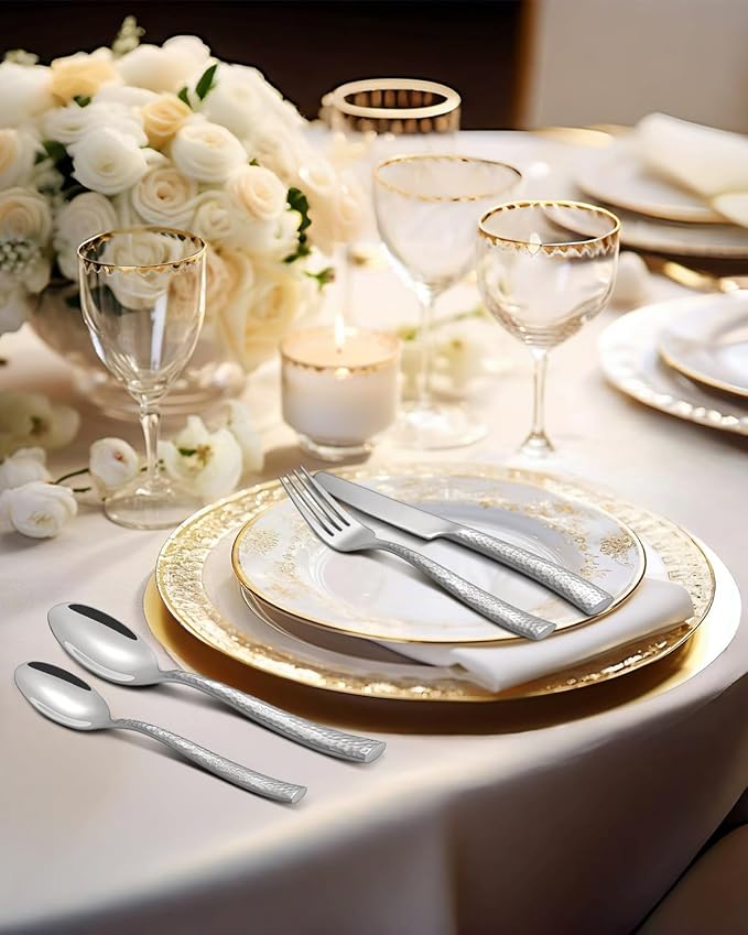 20-Piece Silverware Set, Ollex Stainless Steel Hammered Flatware Cutlery Set for 4, Mirror Polished Kitchen Utensils included Silver Knives Spoons and Forks Set Dishwasher Safe