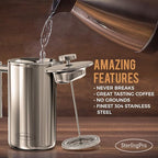 French Press Coffee Maker(1L)-Double Walled Large Coffee Press with 2 Extra Filters -Enjoy Granule-Free Coffee, Stylish Rust Free Kitchen Accessory-Stainless Steel (Mirror Finish, 34oz)