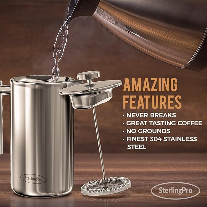French Press Coffee Maker(1L)-Double Walled Large Coffee Press with 2 Extra Filters -Enjoy Granule-Free Coffee, Stylish Rust Free Kitchen Accessory-Stainless Steel (Mirror Finish, 34oz)