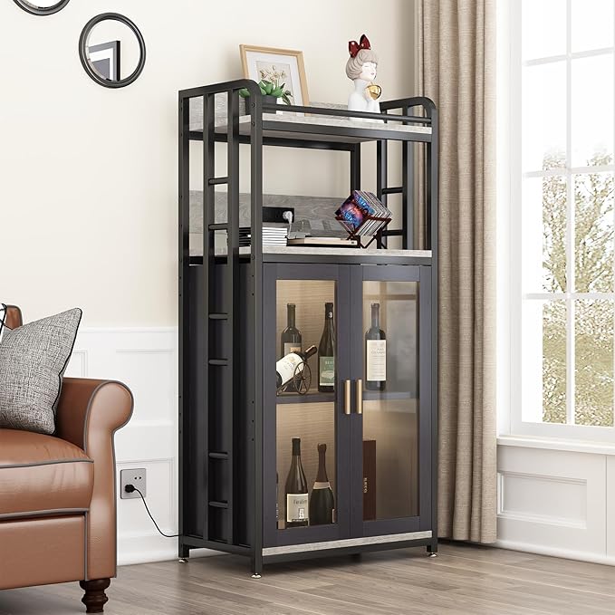 Adjustable 4-Tier Heavy Duty Kitchen Baker's Rack with Power Outlet, with Industrial Wheels, Free Standing Microwave Oven Cart Stand for Storage in Living Room, Garage, Greige
