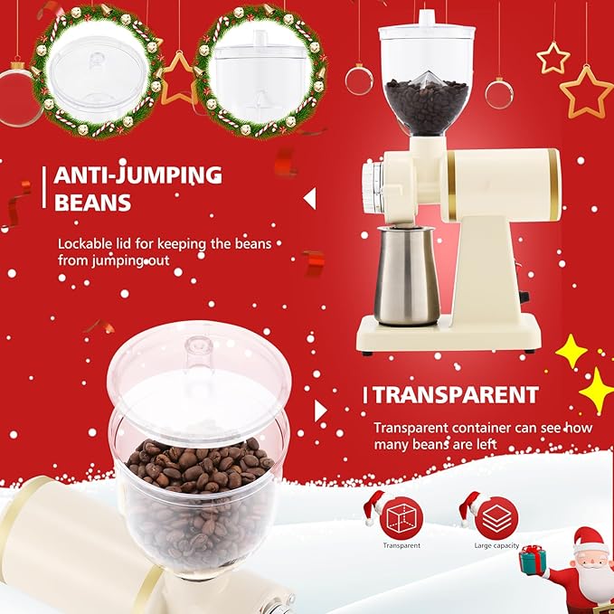 Electric Coffee Grinder Burr Espresso Coffee Bean Grinder Small Automatic Stainless Steel Coffee Mill With Brush, Creamy White