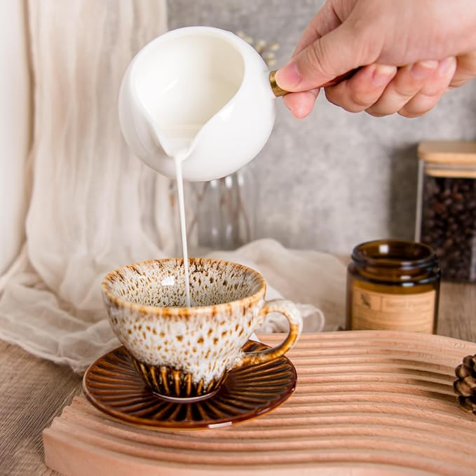 4 oz Espresso Cups Set of 2, Ceramic Cappuccino Cups with Saucers, Durable Porcelain Tea Set & Modern Coffee Cup Collection, Coffee Lover Gifts, Glazed White