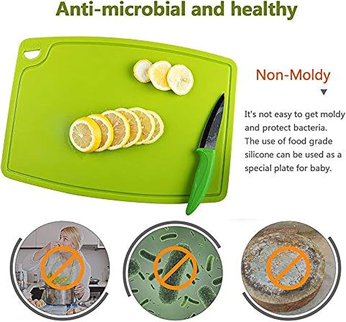 Silicone Thick Cutting Boards Mats Set of 3 Foldable & Flexible Design Juice Grooves Easy Grip Handle Dishwasher Safe for Kitchen,BPA free Silicone Cutting Board-Green