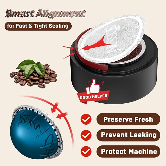 Reusable Pods Kit for Nespresso Vertuo, Refillable Vertuo Coffee Pods Espresso Accessories with 100 pcs Foil Seals Lids, Holder and Brush for Nespresso Vertuo Plus Next Capsule Machine