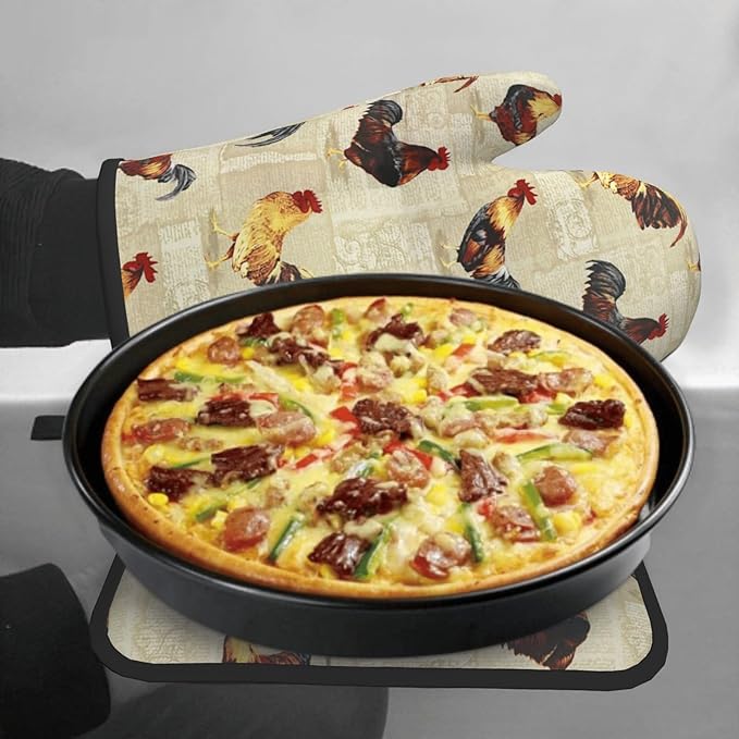 Rustic Rooster Oven Mitts and Pot Holder Set of 2 Farm Animal Print Heat Resistant Gloves Hot Pads for Kitchen Grilling Baking Cooking BBQ