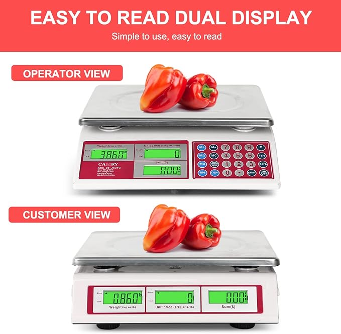 CAMRY Digital Price Computing Scale 66lb/30kg Commercial Produce Scale with Stainless Steel Platform and Green Backlight LCD Display for Meat, Fruit, Ideal for Deli, Farmers Markets, Restaurants