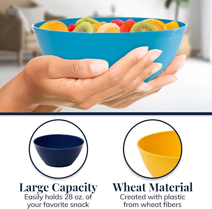 US Acrylic Wheat Straw Unbreakable 28 oz. Stackable Cereal Bowls for Snacks & Ice Cream in Assorted Colors (Set of 8) 6-inch Reusable, BPA-Free, Dishwasher Safe Dinnerware, Made in USA
