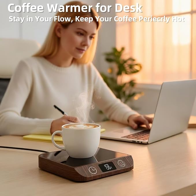 Coffee Mug Warmer, 20W Fast Heating & Constant Temperature Control, 6-Temp Settings, 1-12H Timer, Candle Warmer, Compatible with Various Cups for Coffee, Tea, Milk (Wood)