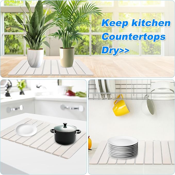 Large Stone Dish Drying Mat for Kitchen Counter,24"(L)×16"(W),Collapsible Quick Dry Dish Drying Mat,Diatomaceous Earth Mats for Cutlery, Pots and Bottles,Match Any Countertop