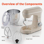 Stand Mixer, 5.5 Quart, 10 Speed Tilt-Head Food Mixer, Kitchen Electric Mixer with SS Bowl, Copper Motor, Beater, Dough Hook, SS Egg Whisk (450W Cream)