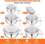 E-far Mixing Bowls Set of 5, Stainless Steel Salad Mixing Bowl with Transparent Lid, Metal Nesting Bowl Attach with 3 Graters for Kitchen Prepping/Serving/Baking/Storage, 4.6/2.6/1.5/1/0.7 QT - Khaki