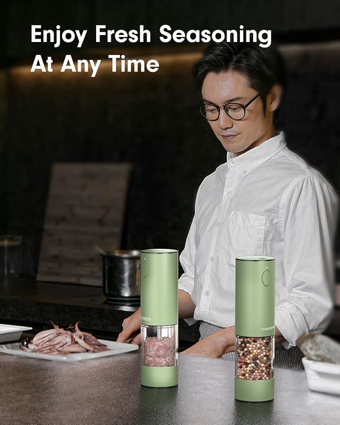 TOMEEM Upgraded Larger Capacity Electric Salt and Pepper Grinder Set Rechargeable with LED lights, Stainless Steel Automatic Pepper and Salt Grinder Refillable with 5 Adjustable Coarseness Green