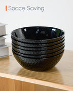 27 OZ Max Cereal Soup Bowl Set of 6, Thin Light & Durable Opal Glass 7.2 inch Black Geometric Faceted Bowls for Ramen, Noodle, Salad, Fruit, Dishwasher and Microwave Safe