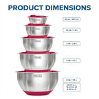 Viking Mixing Bowls Set, 10 Piece Stainless Steel Kitchen Cookware, Non-Slip Silicone Base, Includes Tight Fit Lids, Dishwasher Safe, Red