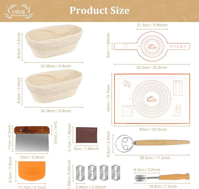 Sourdough Starter Kit - Bread Proofing Basket Set with 9.6" Oval Banneton Baskets x2, Silicone Bread Sling Baking Mat, Whisk Cutter Scraper Lame - Ideal Sourdough Bread Baking Supplies