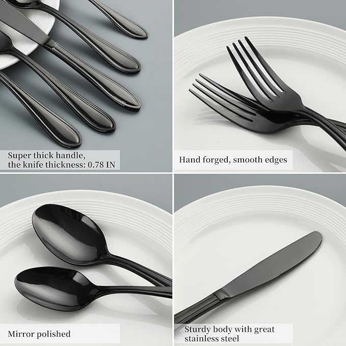Black Silverware Set, 40-Piece Stainless Steel Flatware for 8, Heavy-Duty 18/0 Stainless Steel Utensils,Mirror Polished Dishwasher Safe for Home & Kitchen Dining