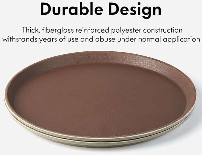 CURTA 2-Pack Restaurant Grade Non-Slip Tray, NSF, 14 Inch, Plastic Rubber Lined Round Serving Tray, Brown