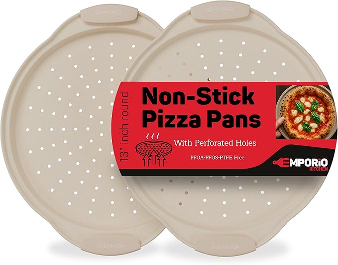 Non-Stick Pizza Pan with Silicone Handle 2 Pack, 13 Inch Round Carbon Steel Tray with Perforated Holes, Dishwasher & Oven Safe Up To 450°F, PFOAPFOSPTFE Free, Durable Nonstick White Marble Coating
