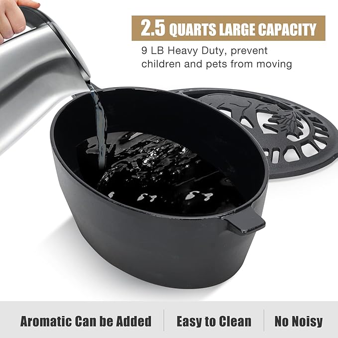 Wood Stove Steamer 2.5 Quart, Wood Stove Humidifier with Decorative Bear Pattern, Cast Iron Steamer for Wood Stove Rust Resistant Matte Black