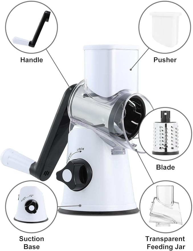 Cheese Grater Rotary, Rotary Grater for Kitchen, Kitchen Grater Vegetable Slicer with 3 Drum Blades, Fast Cutting Cheese Shredder for Vegetables and Nuts