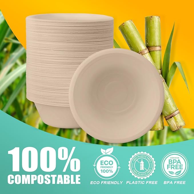 12 oz Paper Bowls, 100 Count Disposable Compostable Bowls, Heavy Duty Biodegradable Bagasse Bowl for Snacks, Soup, and Salads, Natural